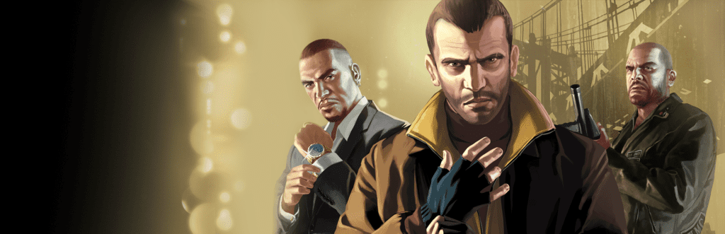 GTA 4 BANNER WITH NICO BELLIC IN FRONT AND OTHER CHARACTERS IN BACKGROUND